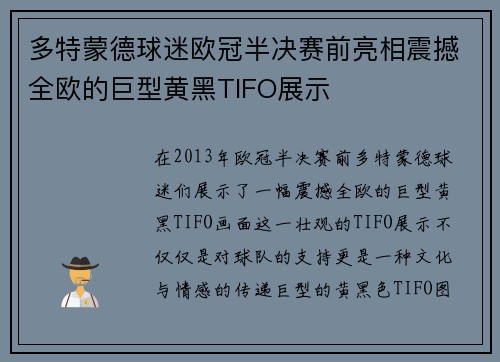 多特蒙德球迷欧冠半决赛前亮相震撼全欧的巨型黄黑TIFO展示